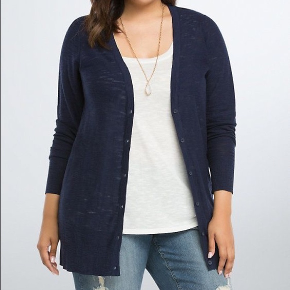 Torrid Navy Slub Button Down Boyfriend Cardigan